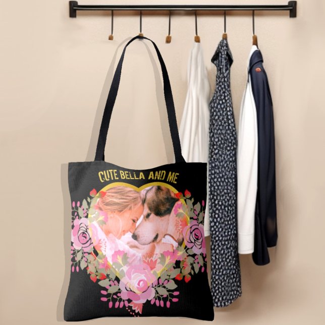 Tote Bag Floral Heart photo Cherished Memories (Personalized floral heart shaped photo and custom test tote bag.)