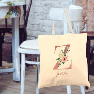 Tote Bag Floral Letter Z Watercolor Pink and Ivory Bouquet
