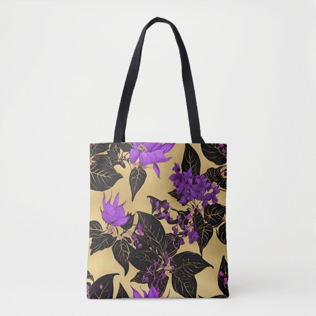 Tote Bag Floral Lilac avec Feuilles noirs (Devant)