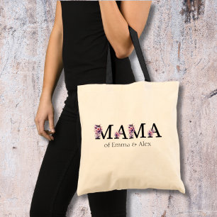 Tote Bag Floral Mama Texte Personnalisé Noms des enfants