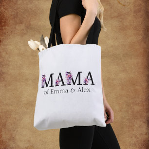 Tote Bag Floral Mama Texte Personnalisé Noms des enfants