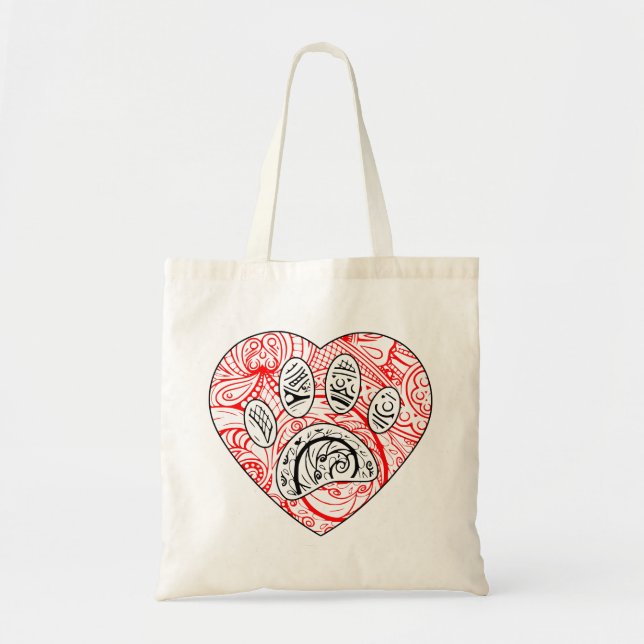 Tote Bag Floral Mandala Chien Empreinte de patte Coeur roug (Devant)