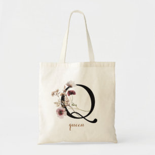 Tote Bag Floral Modern Personalized Monogram Letter "Q"