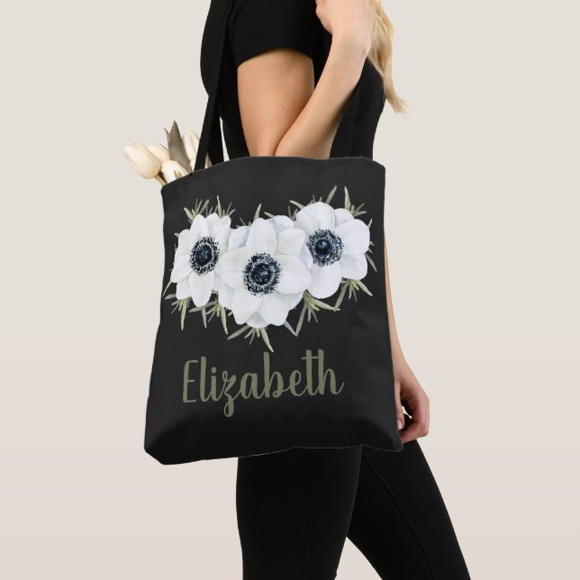 Tote Bag Floral noir et blanc avec nom (De près)