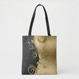Tote Bag Floral Noir Et Or Damas Et Flore Or