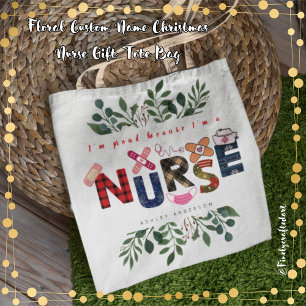 Tote Bag Floral Nom personnalisé Noël Infirmière Cadeau
