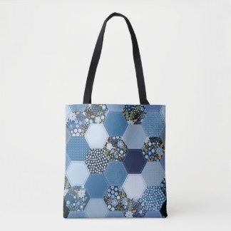 Tote Bag Floral, patchwork de denim : motif bleu.