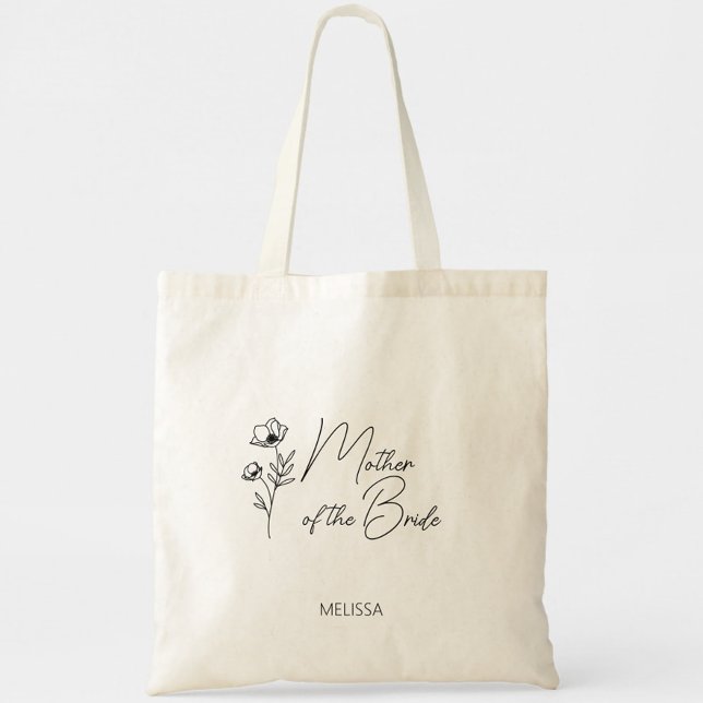 Tote Bag Floral Personnalisé Mère de la mariée (Mother of the Bride Tote Bag, Wildflower Floral Simple Modern Script, Wedding Party Gifts)