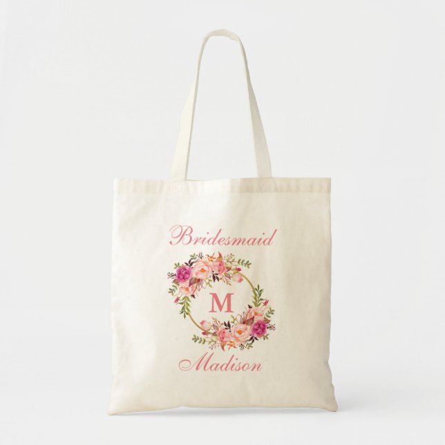 Tote Bag Floral Rose Blush Gold Circle Monogramme Bridesmai (Devant)