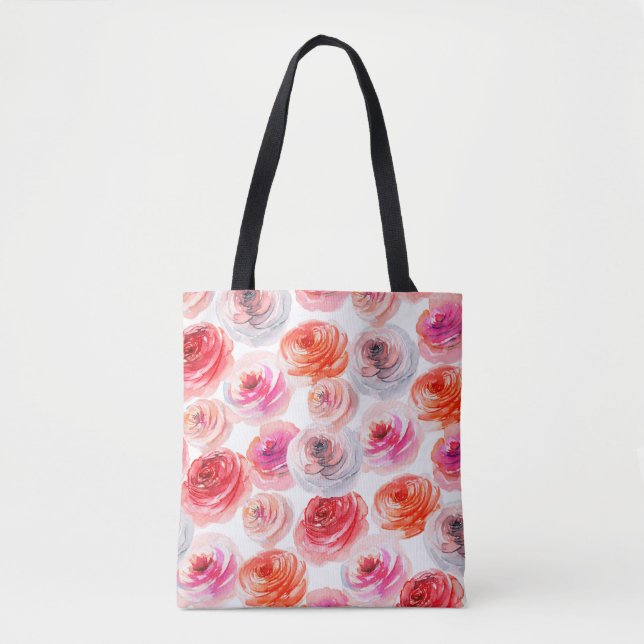 Tote Bag Floral sans couture motif d'aquarelle rouge, blanc (Devant)