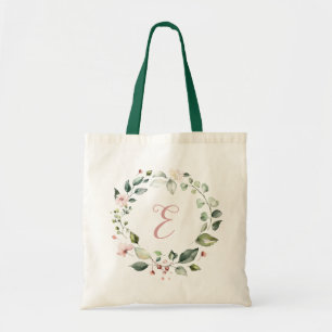 Tote Bag Floral Vert Personnalisé Monogramme rose pâle