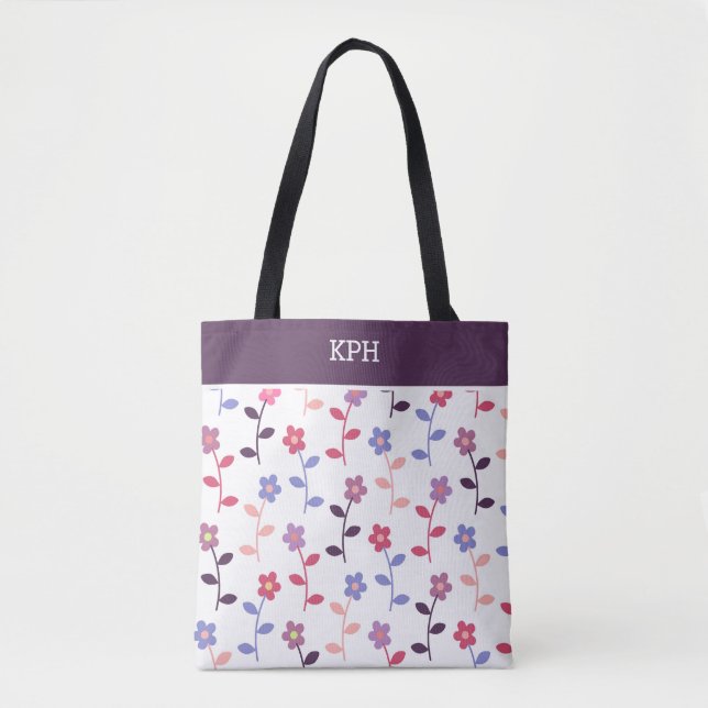 Tote Bag Floral violet Motif avec Monogramme (Devant)