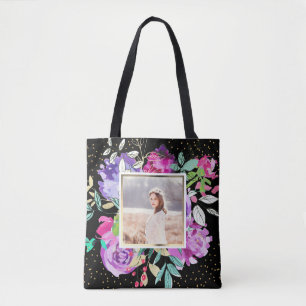Tote Bag Floral violet sur noir avec Confetti Photo