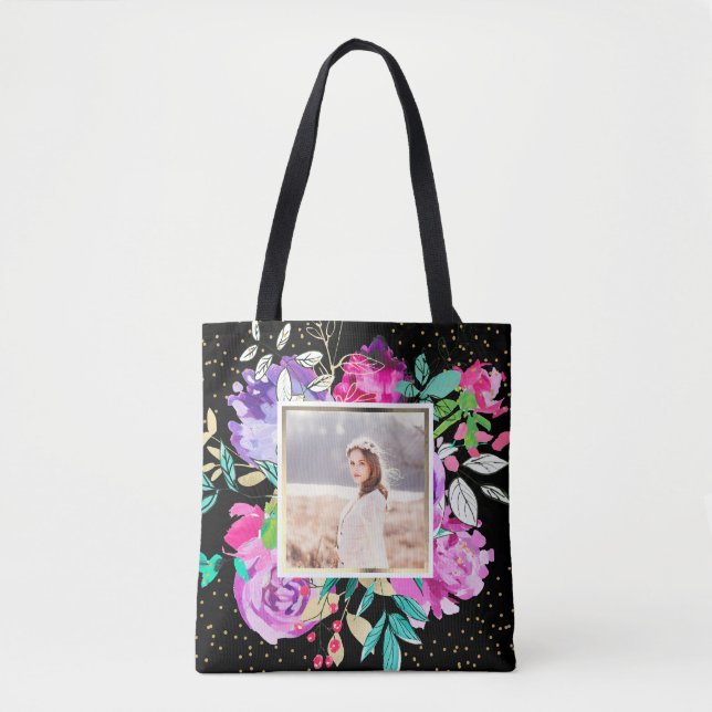Tote Bag Floral violet sur noir avec Confetti Photo (Devant)
