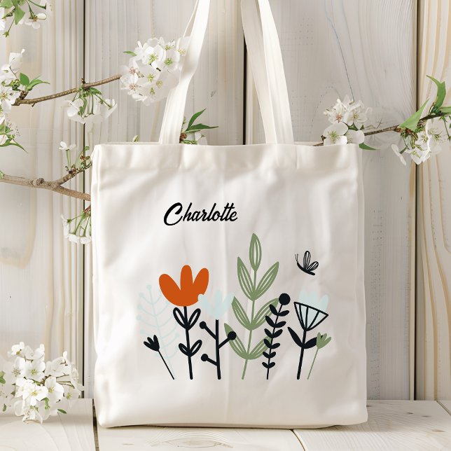 Tote Bag Floral Whimsical moderne Nom personnalisé (Créateur téléchargé)