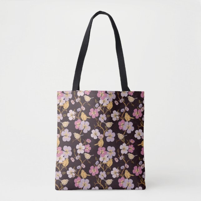 Tote Bag Flore et Oiseaux de traînée à Whimsical - Noir/Rou (Devant)