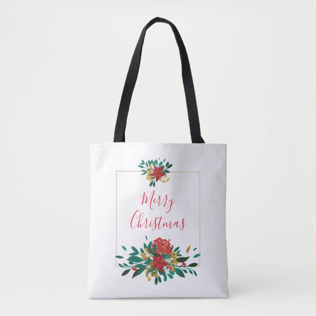 Tote Bag Flore moderne rouge vert et or Noël (Devant)