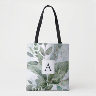 Tote Bag Flore rustique de sauge à aquarelle monogrammée