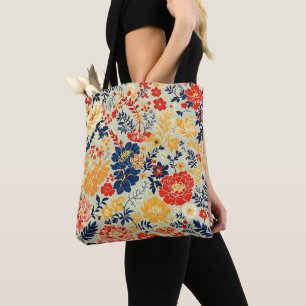 Tote Bag Flore vive rouge, jaune et bleu sur blanc