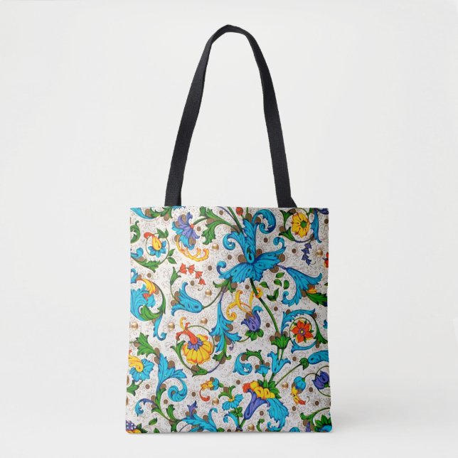 TOTE BAG FLORENTINE RENAISSANCE BLEU FLORAL SWIRLS, FLEURS (Devant)