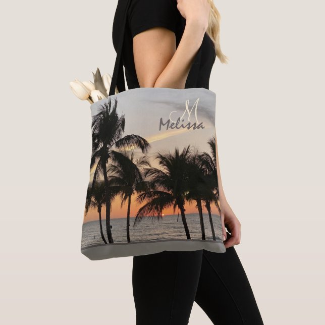 Tote Bag Florida Sunset Palm Tree Ocean Nom du monogramme (De près)