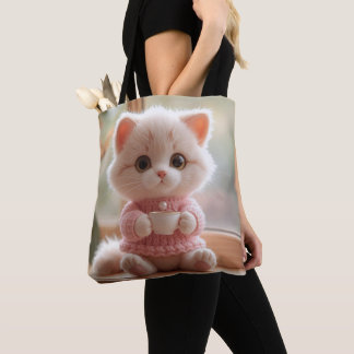 Tote Bag Fluffy Pink Kitten Drinking Tea Cat with Sweater
