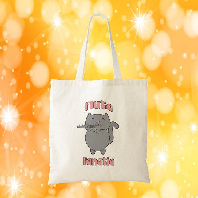 Tote Bag Flute-Playing Gray Cat – Funny Musician Gift  (A tote bag with a cute flute playing gray cat and the words Flute Fanatic in pink.)