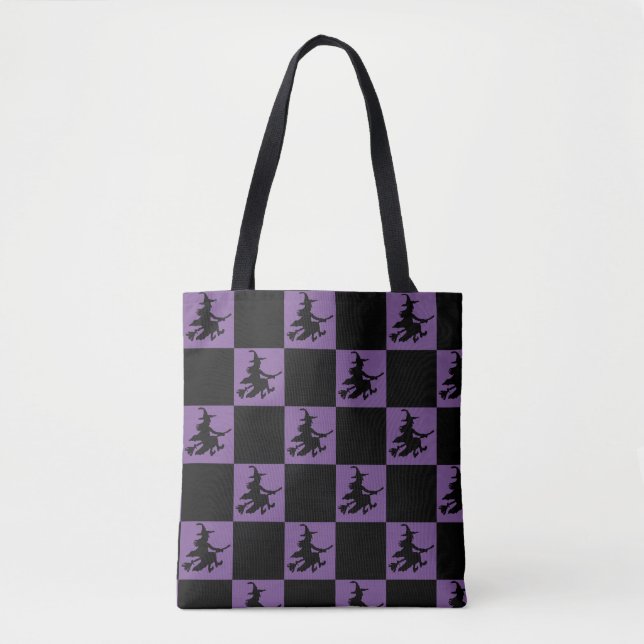Tote Bag Flying Witch Black & Purple Checkered (Devant)