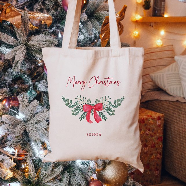 Tote Bag Folithe de vacances et Bow rouge | Joyeux Noël (Créateur téléchargé)