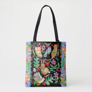 Tote Bag Folk Art Floral Animal Friends Black Personnalisab