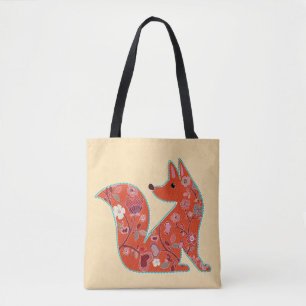 Tote Bag Folk Art Flower Motif Fox