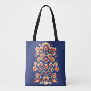 Tote Bag 💙 💛 🧡 Folklore aux fleurs jaunes et aux o