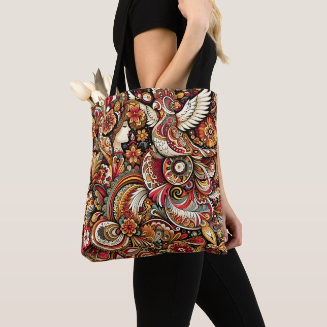 Tote Bag Folklore russe Khokhloma Young Girl Art Phoenix (De près)
