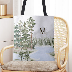 Tote Bag Forêt de pins verts et lac monogrammés