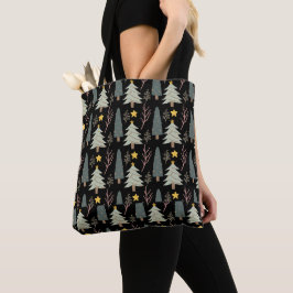 Tote Bag Forêt d'hiver Vert Noël Motif Noir