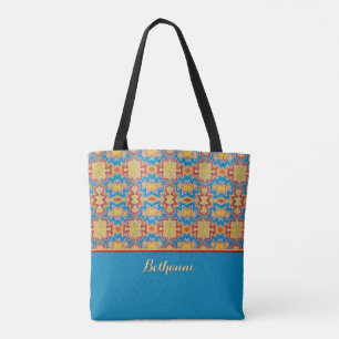 Tote Bag Formes d'inspiration tribale turquoise, jaune et r
