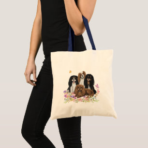 Tote Bag Four Cavalier King Charles Spaniels in Flowers   