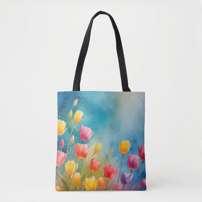 Tote Bag Fourre-tout d'aquarelle florale avec tulipes (Devant)