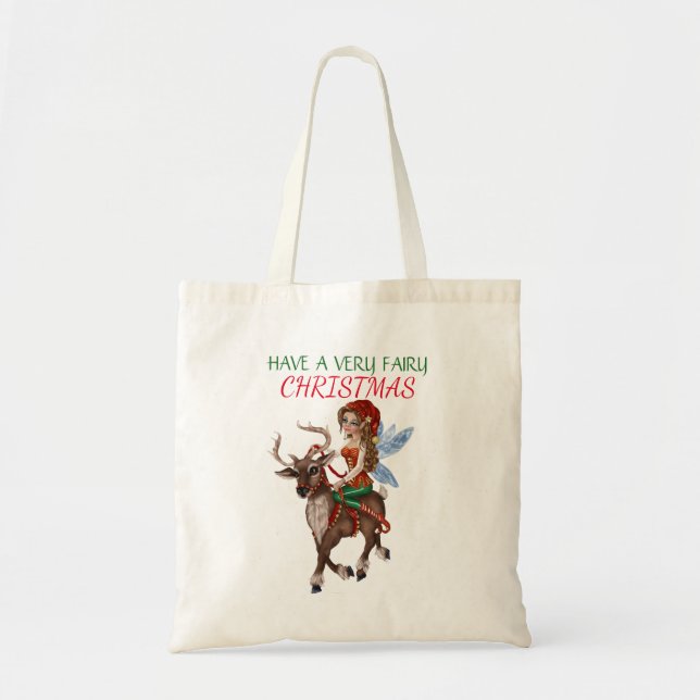 Tote Bag Fourre-tout de Noël avec rennes et fées (Devant)