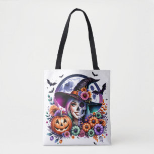 Tote Bag Fourre-tout d'Halloween avec Witch et Skeleton