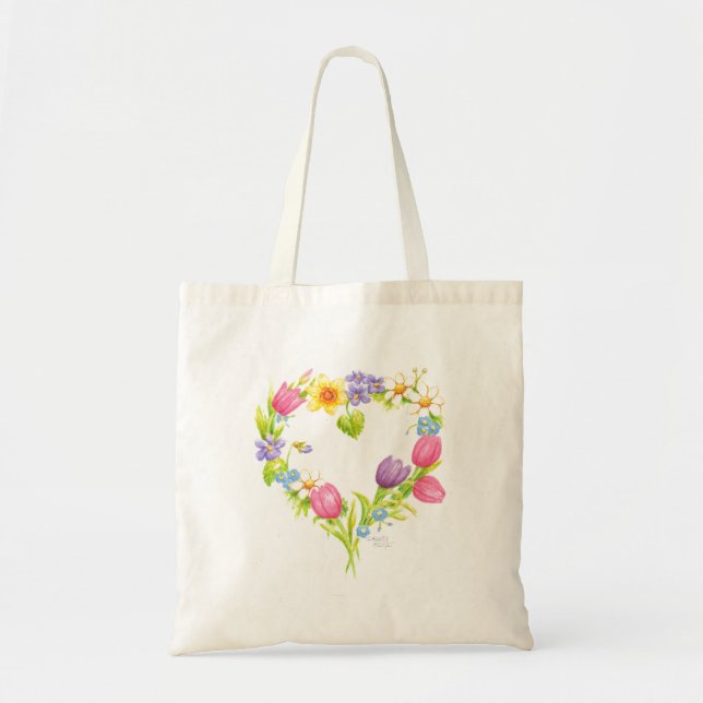 Tote Bag Fourre-tout Fleurs aquarelle Coeur couronne (Devant)