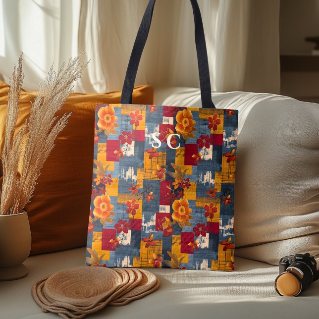 Tote Bag Fourre-tout rustique en Patchwork avec feuilles fl (Créateur téléchargé)
