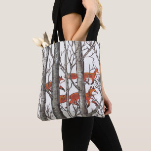 Tote Bag Fox Woods Faune Nature Arbres Neige Gris Art