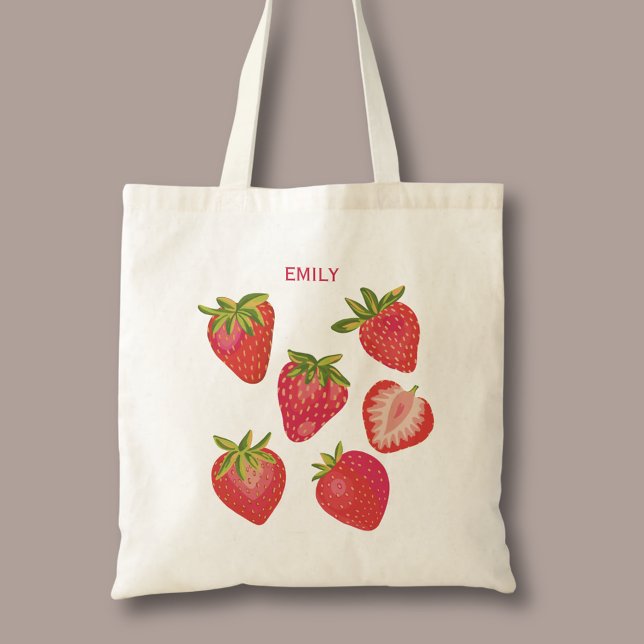 Tote Bag Fraise d'été rouge mignonne (Strawberry personalized tote bag.)