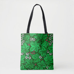 Tote Bag Fraises et Feuilles Art Nouveau, Emerald Green