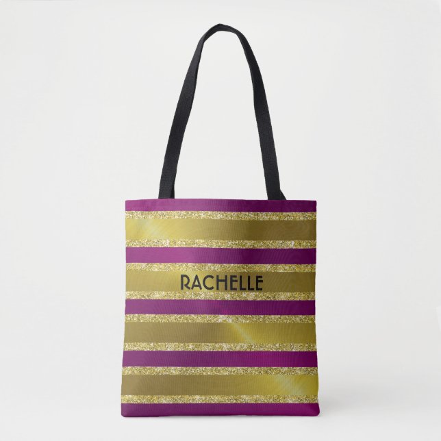 Tote Bag Framboise rose et Parties scintillant d'or rayures (Devant)