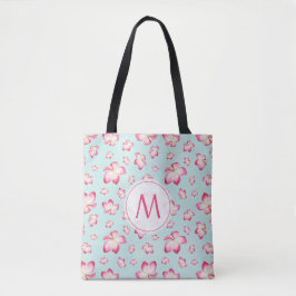 Tote Bag Frangipani rose Monogram Aqua