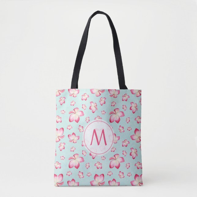 Tote Bag Frangipani rose Monogram Aqua (Devant)