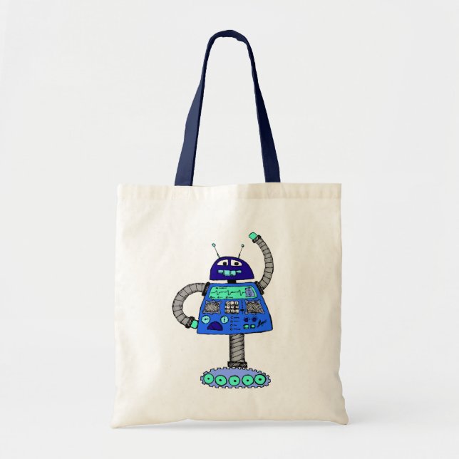 Tote Bag Frankie Robot : bleu sur blanc (Devant)