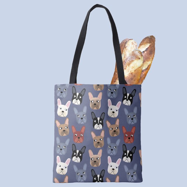 Tote Bag French Buldog Fun Blue (Fun French Bulldog Frenchie dog patterned tote bag for your favorite animal lover)